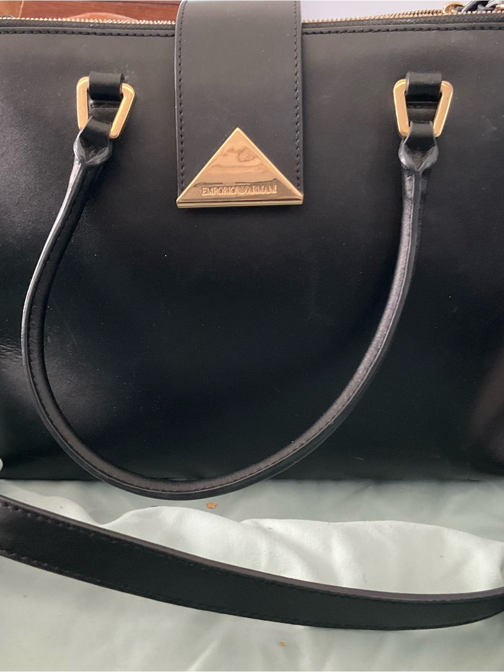 Emporio Armani Black Leather Shoulder Bag with Gold Hardware